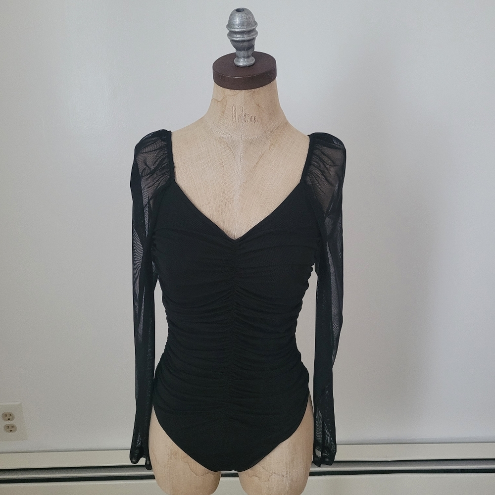 Faded Rose Black Thong Bodysuit Sheer Sleeve Ruched Body Whimsigoth Fairy Grunge
